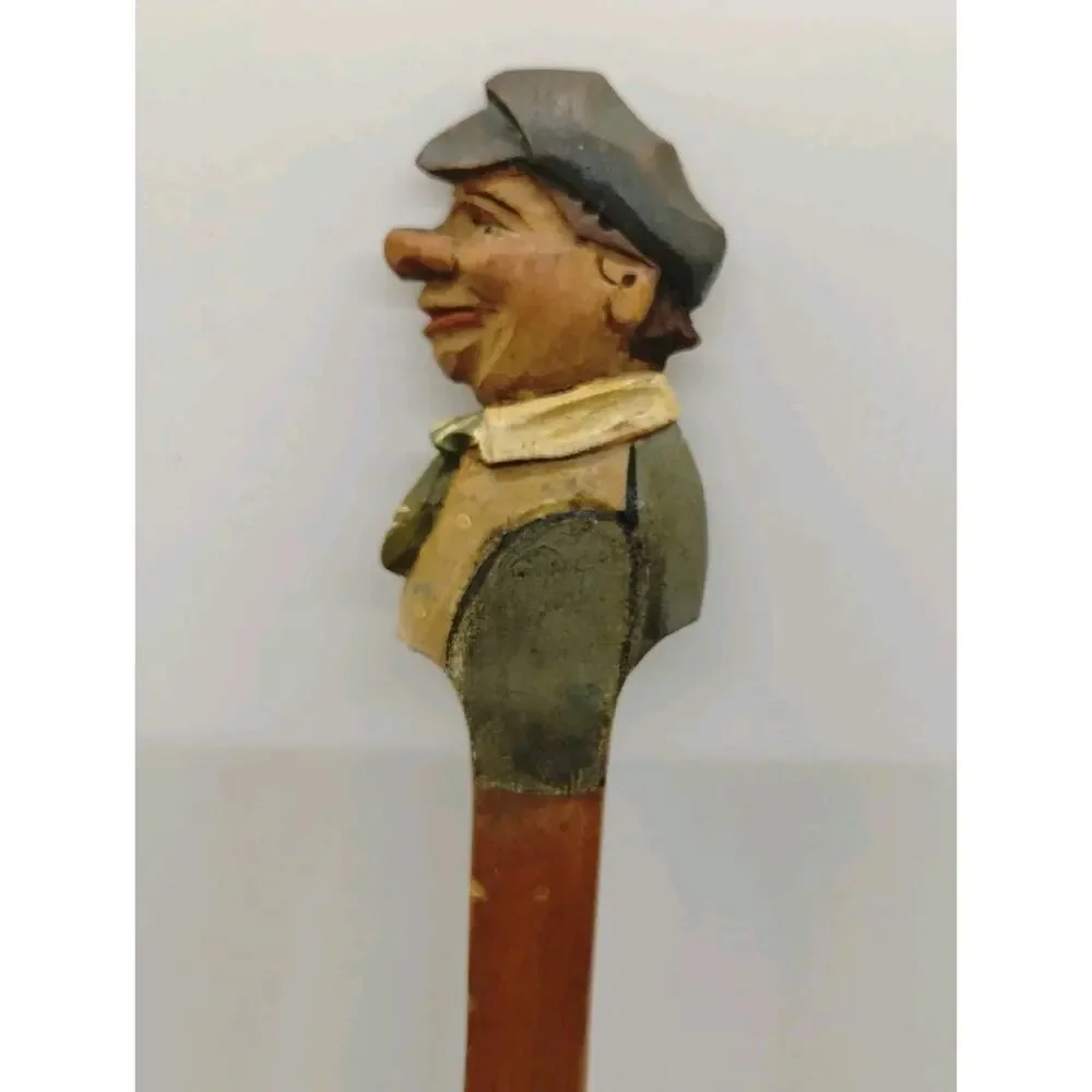Vintage Painted Folk Art ANRI? Carved Wood Salad Fork Man Sicily Italy Wooden